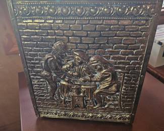 brass trash can, embossed