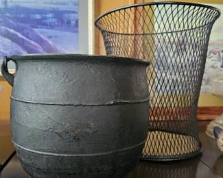 Cast iron fireplace pot with handle and industrial vintage waste basket 