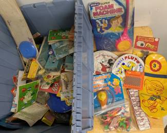 Vintage Dimestore Toys in bin