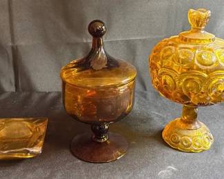 LE Smith Amber Compote Dish  Amber Apothecary Dish And Ashtray 