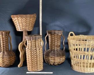 Woven Wicker Vases, Plant Stand And Basket