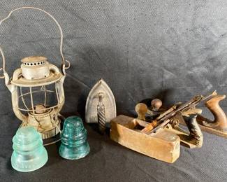 Vintage Diets Vesta New York Railroad Lantern, Wood Bench Planes, Glass Insulator And Cast Iron Flat