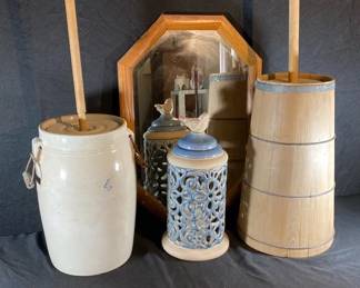 Ceramic  Wooden Butter Turn, Octagon Mirror And Ceramic Lantern Candle Holder 