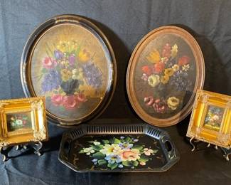 Vintage Oil Floral Framed Paintings And Floral Serving Tray