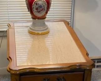 Vintage Porcelain Table Lamp On Wooden Side Table With Marble Insert 