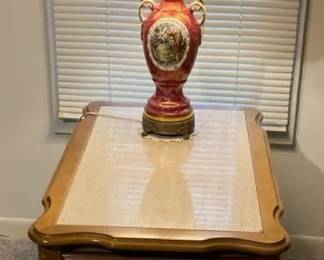 Vintage Porcelain Table LampGeorge  Martha Washington On Wooden Side Table With Marble Insert 