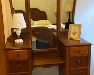 Vintage Wood Vanity With Mirrors And Milk Glass Lamp