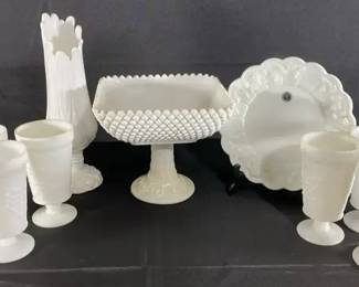 Milk glass Plate, Goblets, Compote, Fenton 3 Tier  Art Glass Vase  Westmoreland  Anchor Hocking 