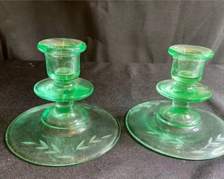 004 Uranium Glass Candle Holders  Etched Wheat Motif