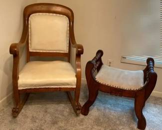 Vintage Wooden Upholstered Rocking Chair And Small Bench