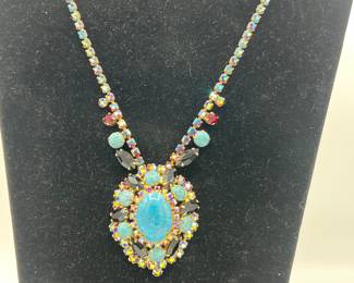 1960s Juliana Delizza and Elster design Rhinestone Necklace, featuring a central turquoise matrix cabochon