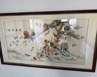 Vintage Asian silk tapestry artwork. Framed.