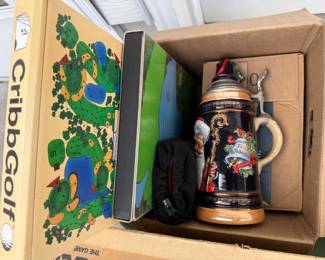 Board games. Santa beer / eggnog stein.  Vintage stamp ephemera. Post marks. 