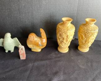 Three Soapstone Signed Figurines And Two Vintage Cinnabar Style Floral Relief Vases