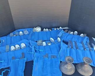  02 Forty Six Pieces Heirloom Silver Rose Sterling Silver And Two Sterling Weighted Candlesticks