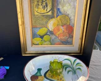 Textured ,Abstract , Signed, Framed And Matted Fruit And Children Picture