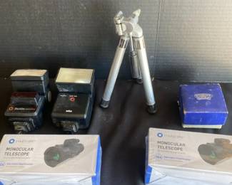 Two Flashes, Two New Starscope Monocular Camera Telescopes And A Small Camera Tripod