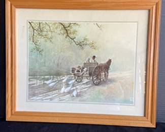 Signed Print Amish Horse  Buggy Feeding Geese