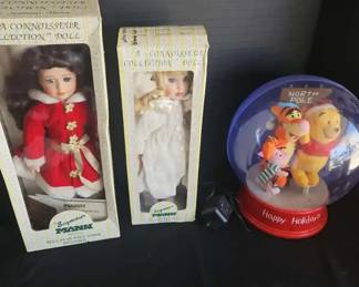 Two Seymour Mann Porcelain Dolls And Large Musical Disney Snow Globe