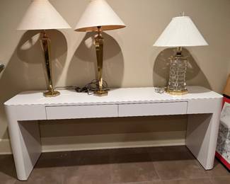 white laminate console table - brass lamps, acrylic & brass lamp