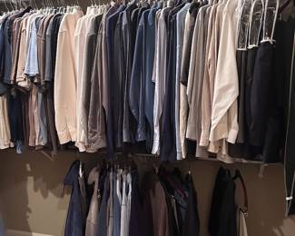 an entire men's closet with collared polo shirts, pants, suits, ties, shoes