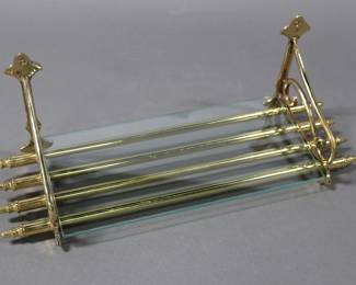 Vintage Brass Rail Road Shelf or Train Rack with glass.