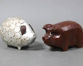 Wooden Carved Pig and Piggy Bank