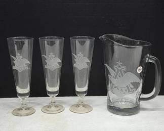 Anheuser-Busch Etched Glass Pitcher with Matching
