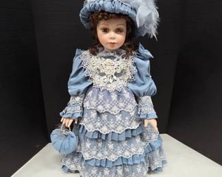 24" Porcelain Doll in Blue Victorian Dress
