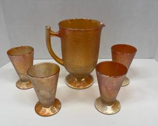 Gold Crackle Glass Pitcher and Goblets Set