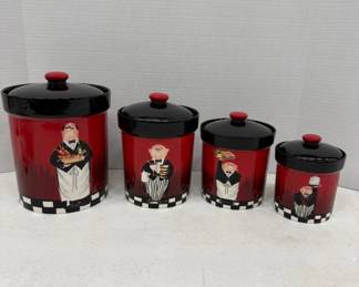 Red Ceramic Chef-Themed Canisters and Shakers