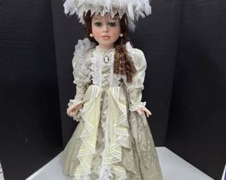 30" Signed Porcelain Doll with Feathered Hat