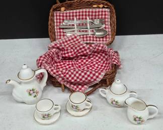 Miniature Tea Set with Wicker Basket