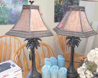 Tropical Palm Tree Table Lamps with Wicker Shades Set of 