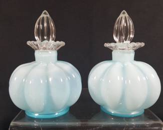 Pair of Fenton Aqua Opalescent Melon Perfume Bottles with Stoppers
