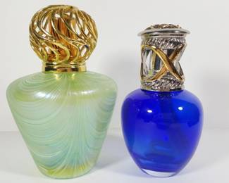 Iridescent & Cobalt Blue Art Glass Oil Lamps