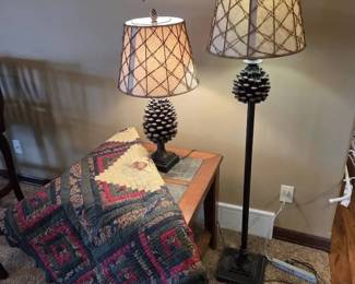 Rustic Pine Cone Lamp Set, End Table  King size Quilt