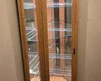 Buhler Oak Corner Curio Display Cabinet with Glass Shelves  Lighting