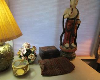 Kashmir Paisley antique fabric, antique tall Japanese figure