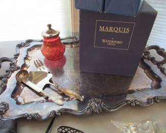 Large antique silver plate tray, Waterford, Cranberry glass