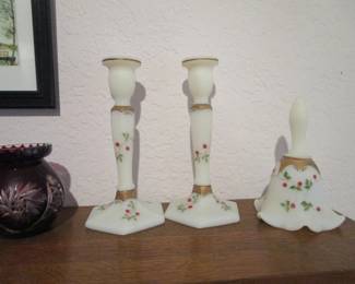 Fenton Twining Berries Bell, Candlesticks and basket.