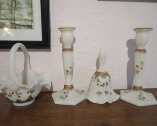 Fenton Twining Berries Bell, Candlesticks and basket