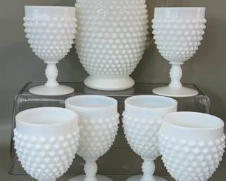 VINTAGE MILK GLASS HOBNAIL PITCHER & GOBLETS