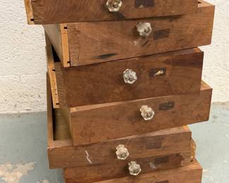 ANTIQUE WOOD DRAWERS WITH GLASS KNOBS