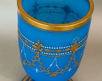 BLUE OPALINE GLASS VASE WITH GILDED TRIM