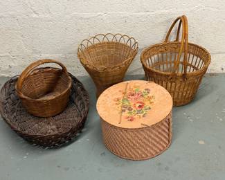 VINTAGE WOVEN BASKETS & SEWING BOX