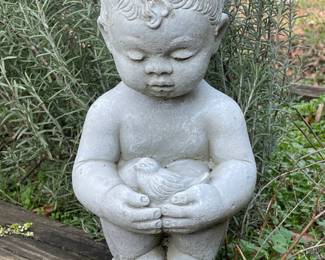 CONCRETE GARDEN YARD STATUE CHILD WITH LITTLE BIRD