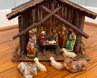 VINTAGE CHRISTMAS NATIVITY SET WITH MANGER & FIGURINES