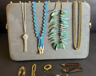 Mixed Costume Jewelry Collection with Beaded Necklaces, Gold Tone Chains and Statement Earrings