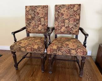Traditional Upholstered Wood Armchairs with Floral Tapestry Fabric
